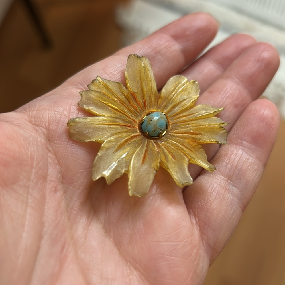 Antique Signed Celluloid Genuine Turquoise Flower C Clasp Brooch - Picture 15 of 15